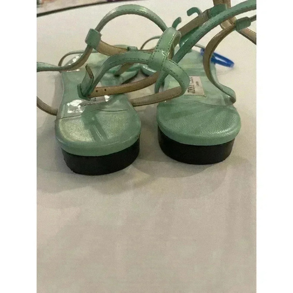 JIMMY CHOO Alodie Flat Nappa Patent Leather Sandals T Strap Logo Mint Green 9 39 - Picture 8 of 16